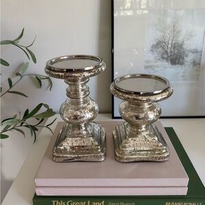 Pottery Barn Antique Silver Mercury Glass Pillar Candle Holders